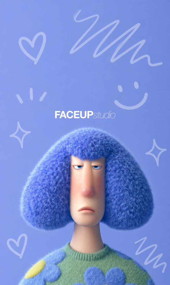 FaceUp Studio mascot — a felted, blue-haired character on a periwinkle backdrop
